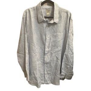 LINEN LANDS END Blue White Stripe Men’s Long Sleeve Button Up Vacation SZ XL EUC